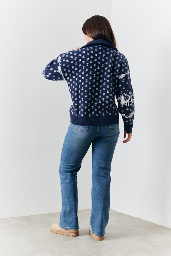 In The Style In The Style Half Zip Reindeer Fairisle Knitted Jumper Navy