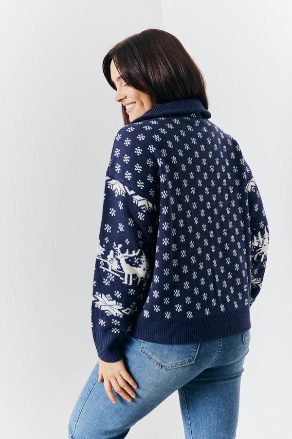 In The Style In The Style Half Zip Reindeer Fairisle Knitted Jumper Navy