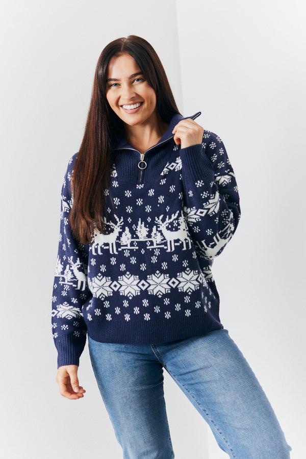 in the style In The Style Half Zip Reindeer Fairisle Knitted Jumper Navy