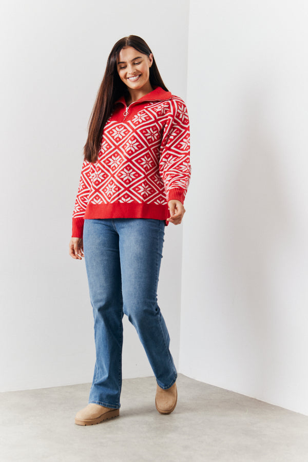 In The Style In The Style Half Zip Snowflake Fairisle Knitted Jumper Red