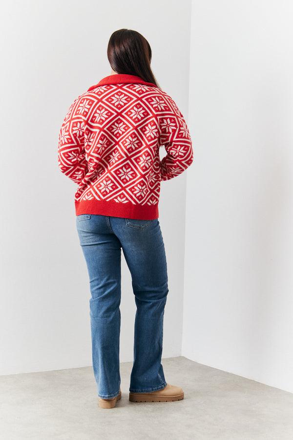 In The Style In The Style Half Zip Snowflake Fairisle Knitted Jumper Red