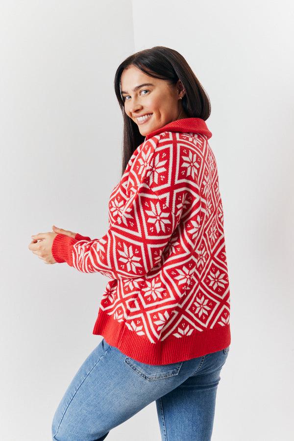 In The Style In The Style Half Zip Snowflake Fairisle Knitted Jumper Red