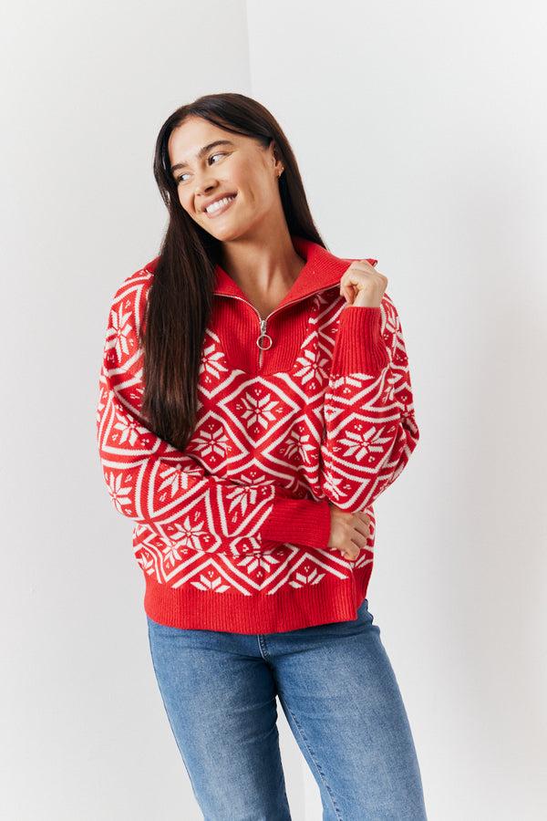 in the style In The Style Half Zip Snowflake Fairisle Knitted Jumper Red