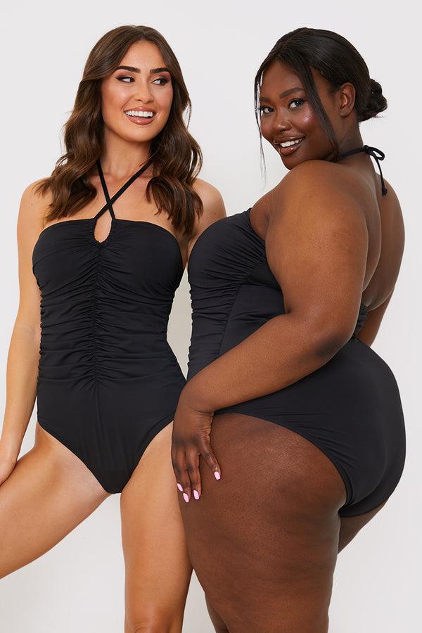 in the style In the Style Halter Neck Ruched Bust Swimsuit Black