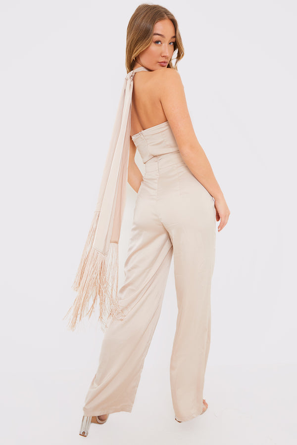 In The Style In The Style Halter Neck Wide Leg Jumpsuit Stone