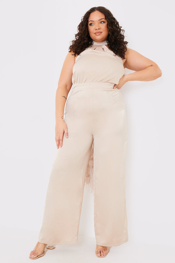 In The Style In The Style Halter Neck Wide Leg Jumpsuit Stone