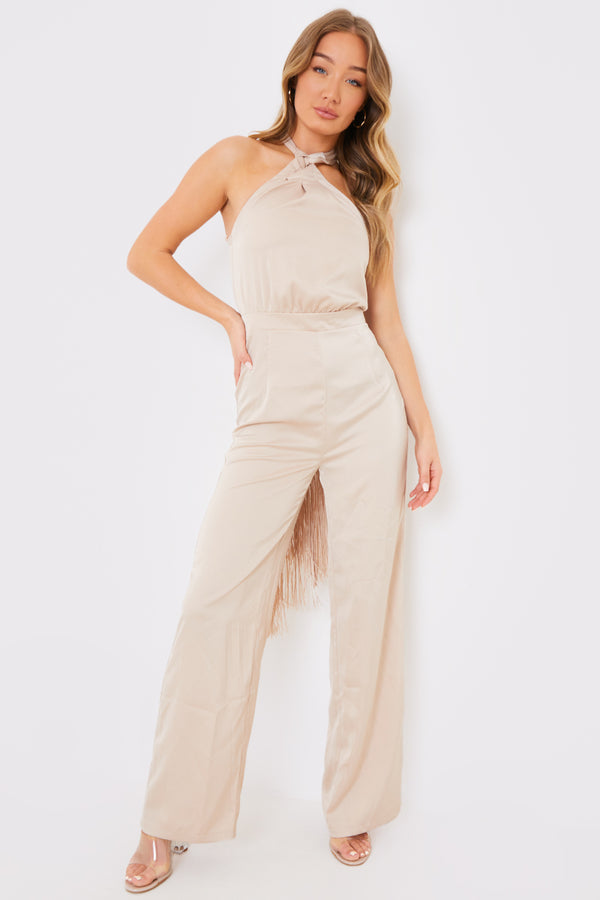 in the style In the Style Halter Neck Wide Leg Jumpsuit Stone