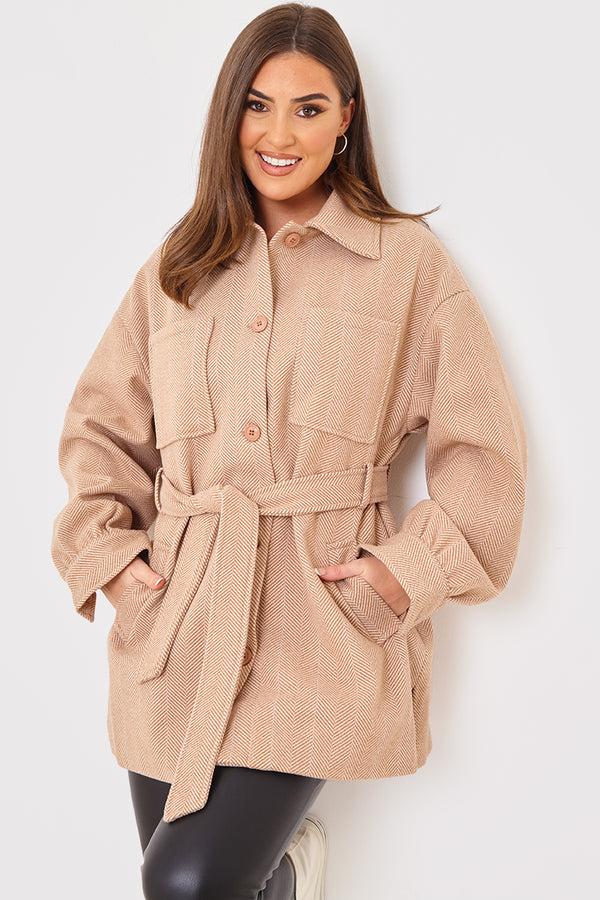 In The Style In The Style Herringbone Belted Shacket Nude