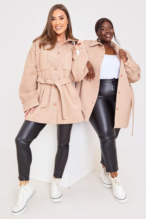 in the style In the Style Herringbone Belted Shacket Nude