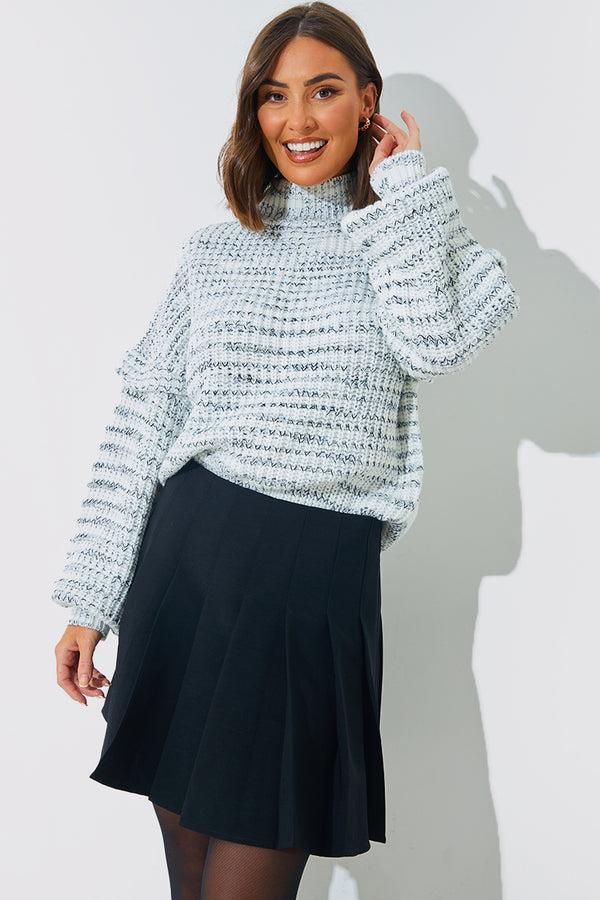 in the style In the Style High Neck Frill Sleeve Knit Jumper Grey