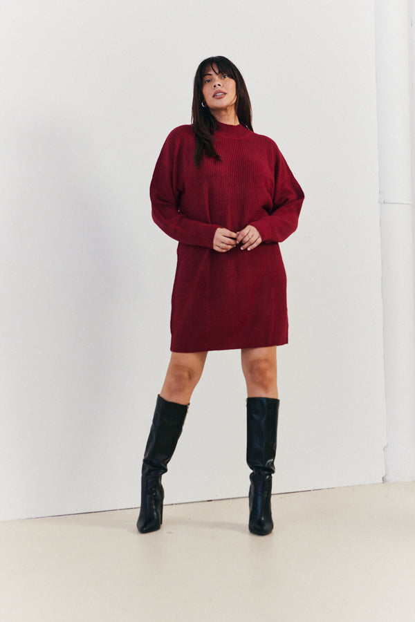 In The Style In The Style High Neck Knitted Jumper Mini Dress Burgundy