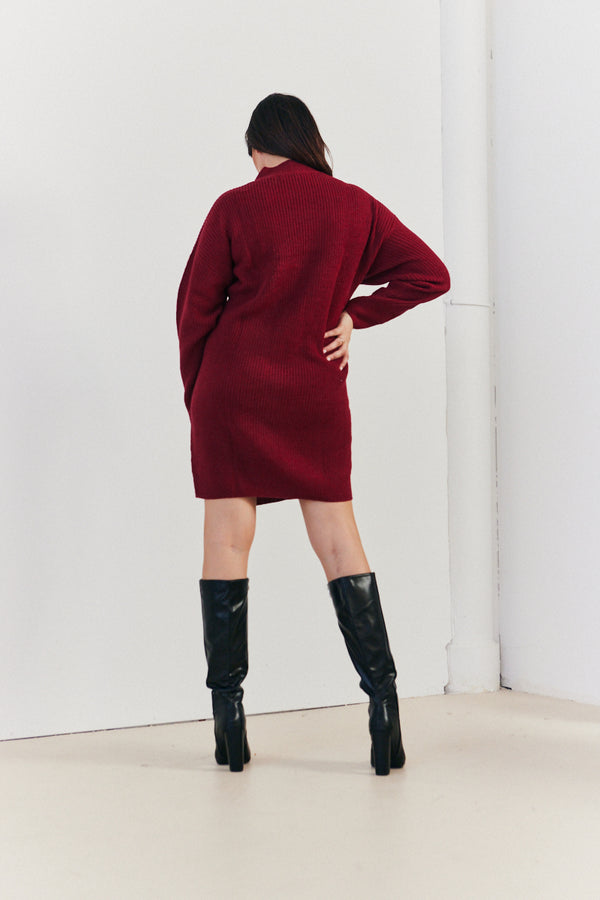 In The Style In The Style High Neck Knitted Jumper Mini Dress Burgundy