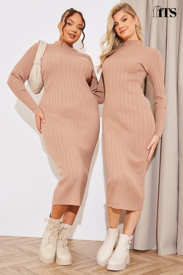 in the style In The Style High Neck Variegated Rib Knit Midi Dress Mocha