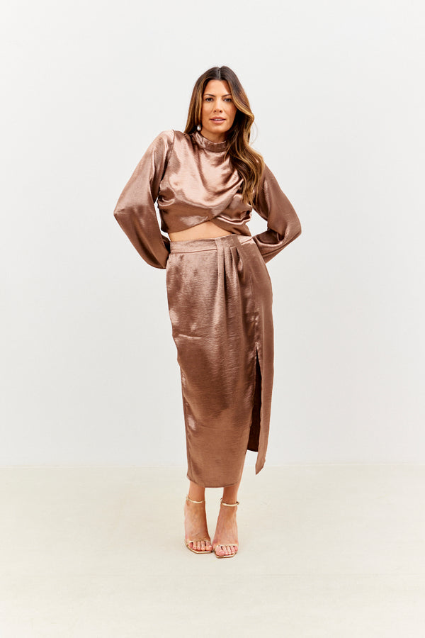 In The Style In The Style High Neck Wrap Co-Ord Top Chocolate