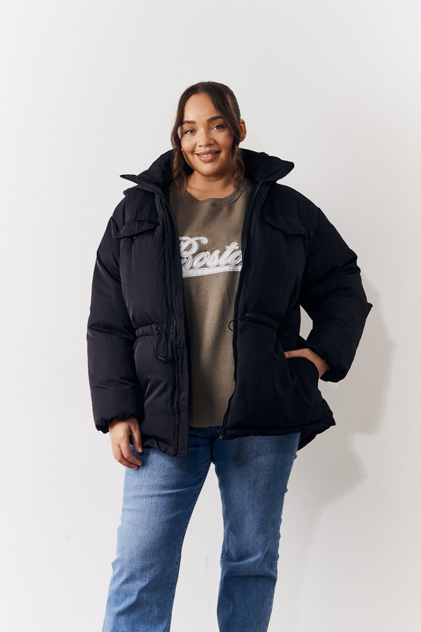 in the style In the Style Hooded Drawstring Waist Puffer Coat Black