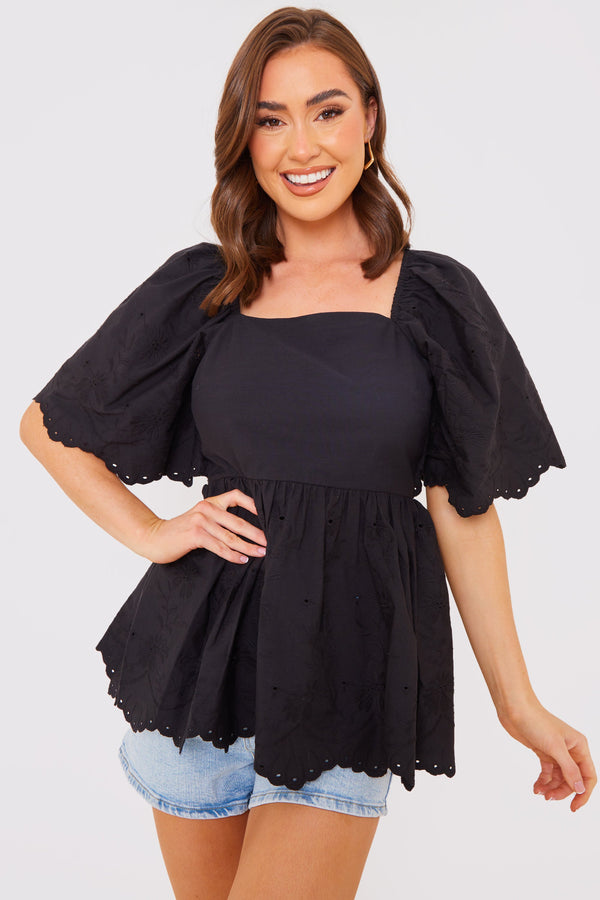 In The Style In The Style Broderie Smock Top Black