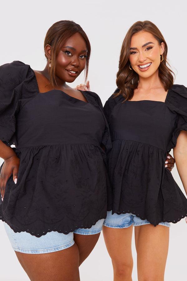 in the style In the Style Broderie Smock Top Black