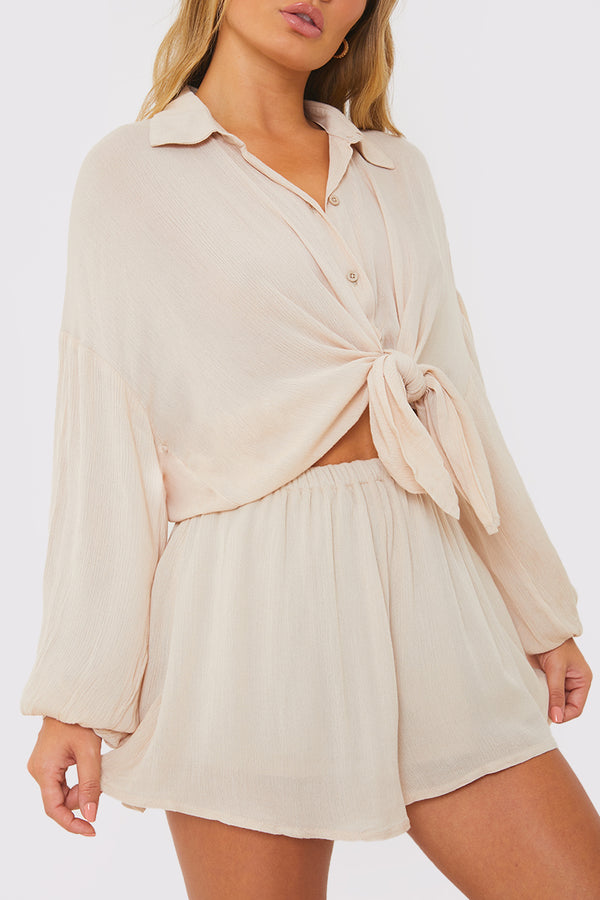 In The Style In The Style Cheesecloth Shorts Stone