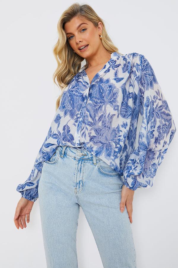in the style In the Style Floral Shift Blouse Blue