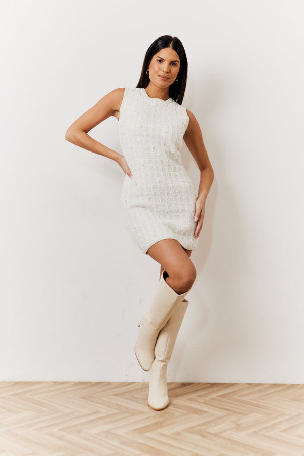 In The Style In The Style Pearl Trim Dress Cream