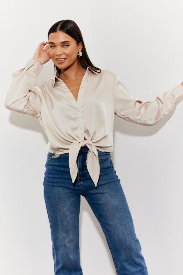 in the style In The Style Tie Front Shirt Cream
