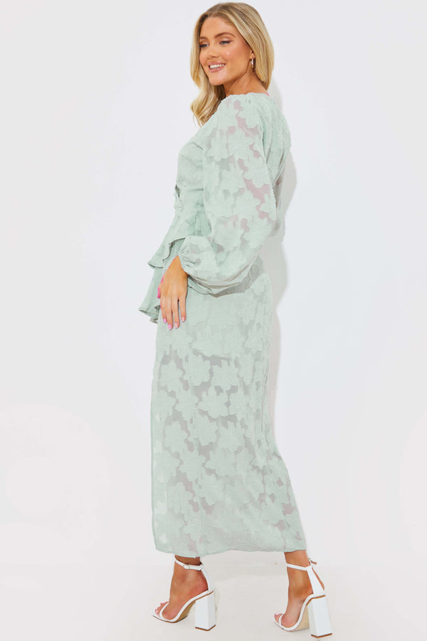 In The Style In The Style Jacquard Asymmetric Frill Wrap Midaxi Dress Sage