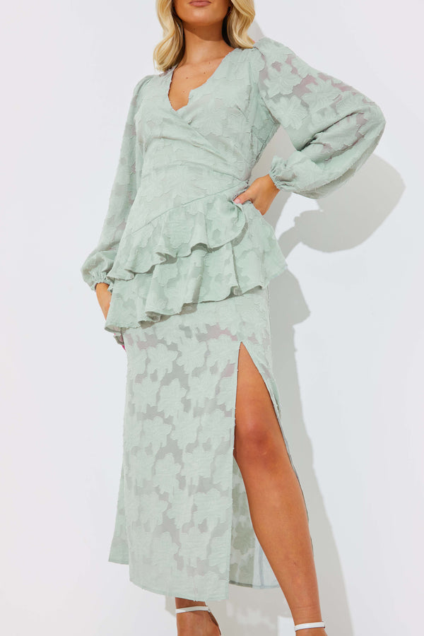 In The Style In The Style Jacquard Asymmetric Frill Wrap Midaxi Dress Sage