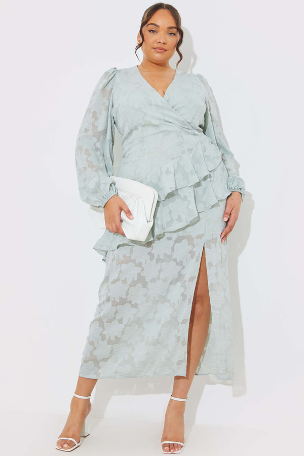 In The Style In The Style Jacquard Asymmetric Frill Wrap Midaxi Dress Sage