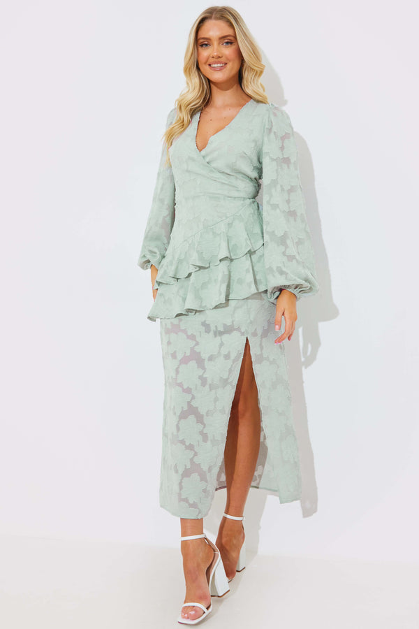 in the style In the Style Jacquard Asymmetric Frill Wrap Midaxi Dress Sage