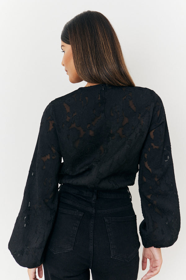 In The Style In The Style Jacquard Balloon Sleeve Bodysuit Black