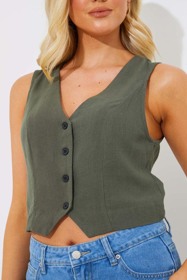 In The Style In The Style Khaki Linen Look Waistcoat Khaki