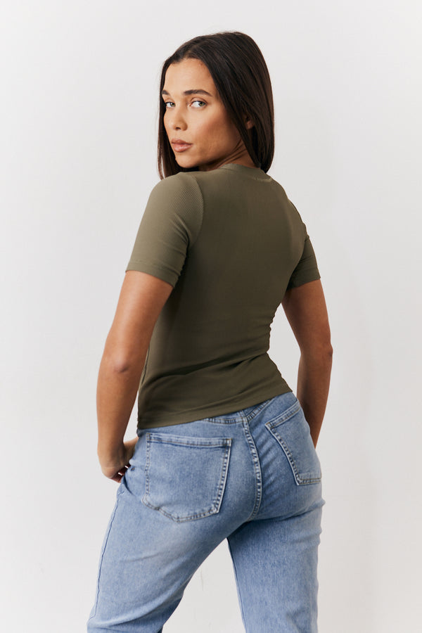 In The Style In The Style Khaki Ribbed Crew Neck Short Sleeve Top Khaki