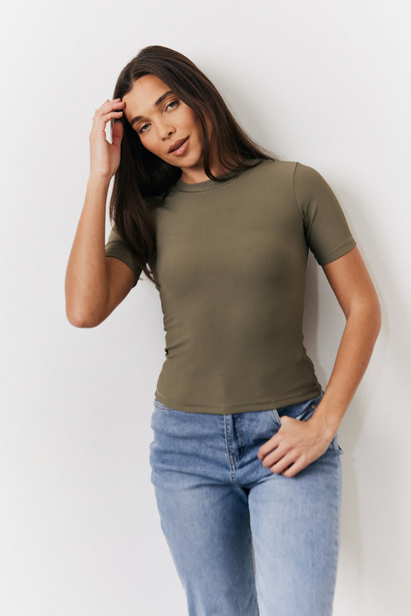 in the style In The Style Khaki Ribbed Crew Neck Short Sleeve Top Khaki