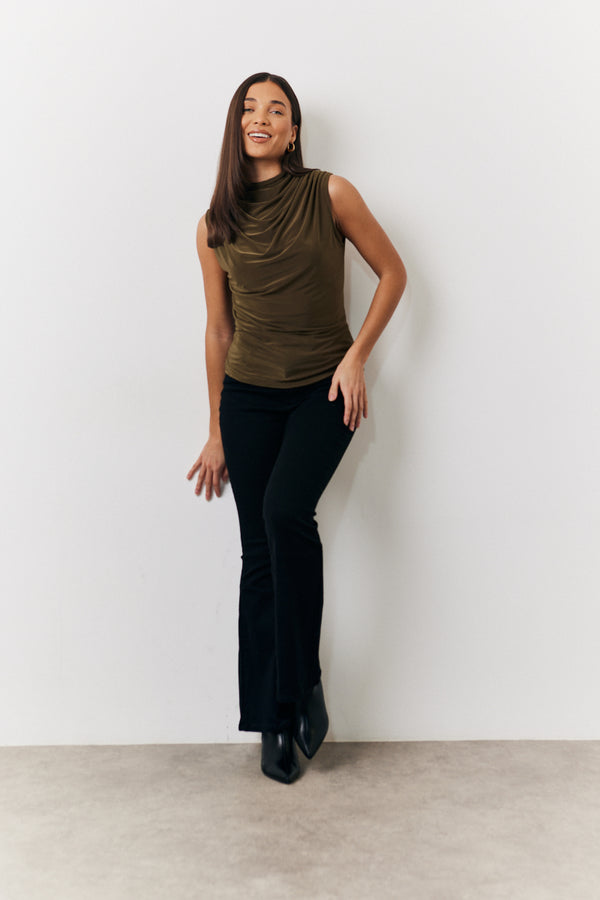 In The Style In The Style Khaki Slinky Cowl Front Sleeveless Top Khaki