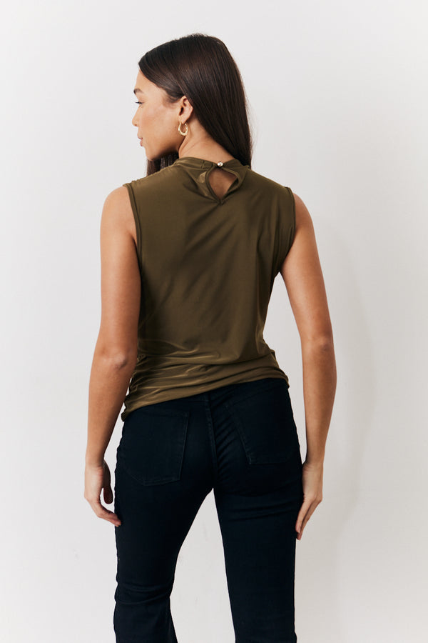 In The Style In The Style Khaki Slinky Cowl Front Sleeveless Top Khaki