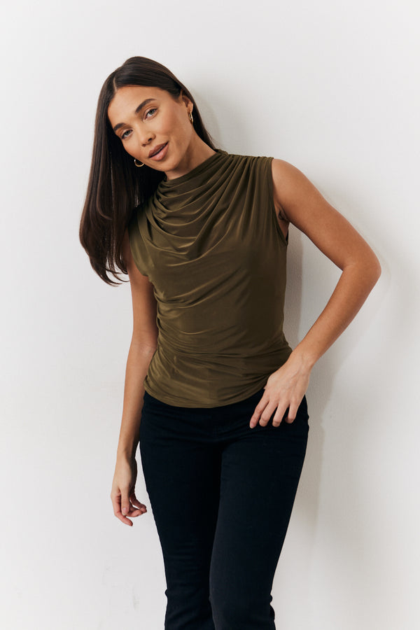 in the style In the Style Khaki Slinky Cowl Front Sleeveless Top Khaki
