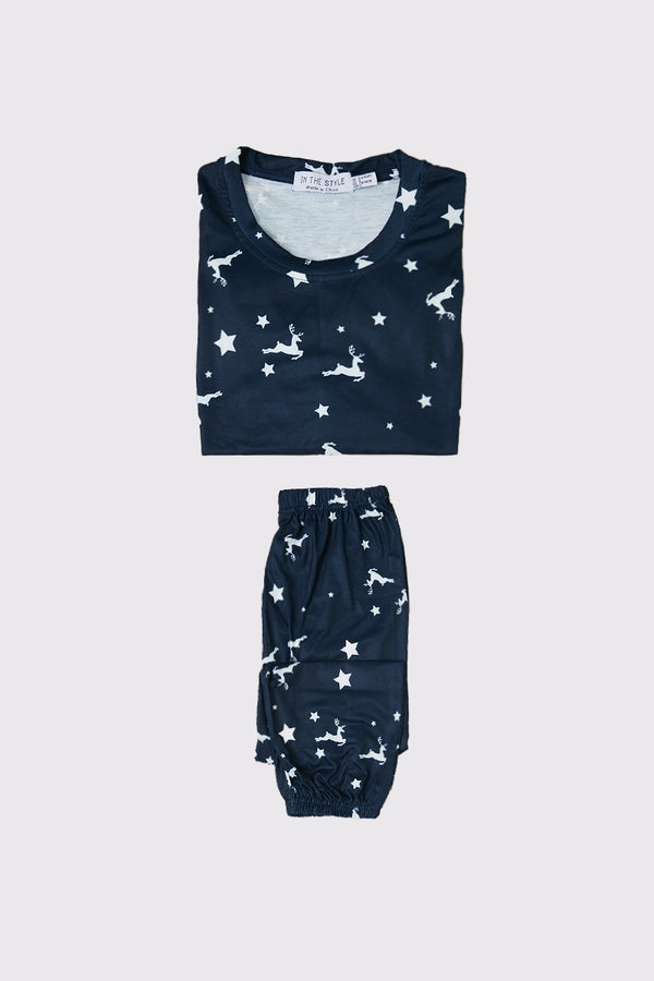 in the style In the Style Kids Reindeer/Star Matching Family PJ Set Navy
