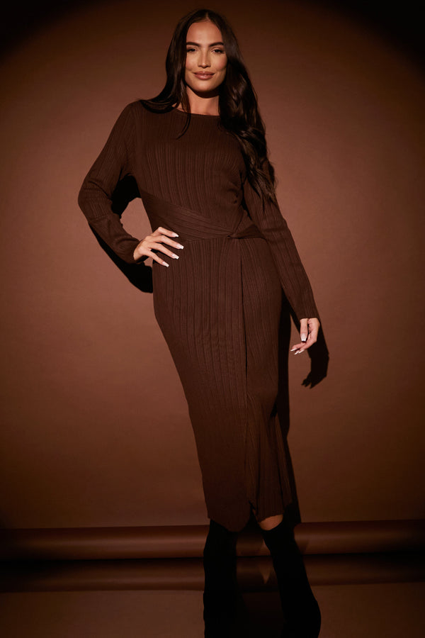 in the style In the Style Knit Ribbed Belted Midaxi Dress Chocolate