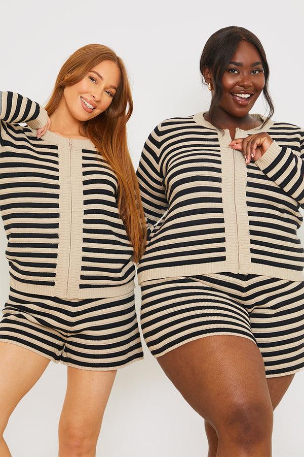 In The Style In The Style Knitted Striped Zip Up Front Co-Ord Cardigan Neutral