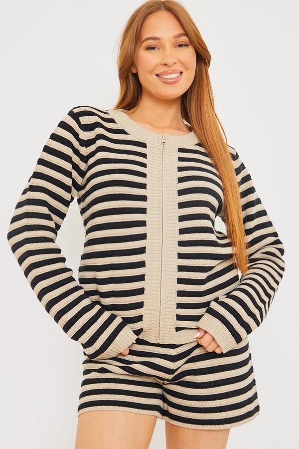 in the style In the Style Knitted Striped Zip Up Front Co-Ord Cardigan Neutral