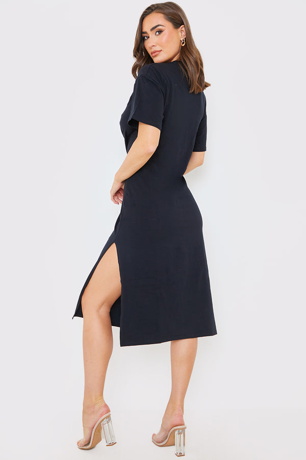 In The Style In The Style Knot Front T-Shirt Split Hem Dress Black
