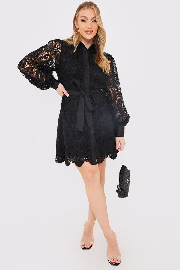 In The Style In The Style Lace Belted Shirt Dress Black