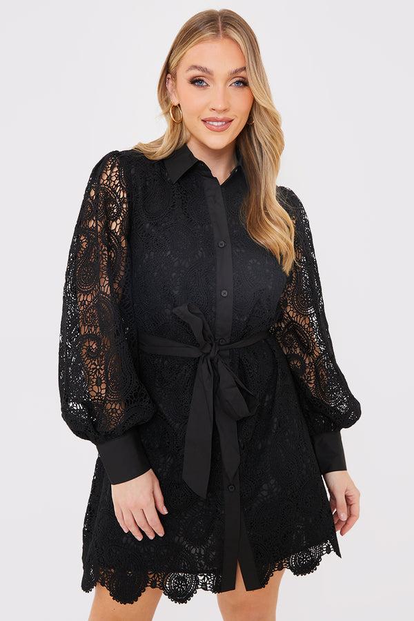 in the style In the Style Lace Belted Shirt Dress Black