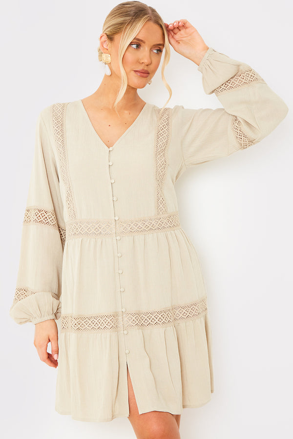 in the style In the Style Lace Insert Smock Dress Stone
