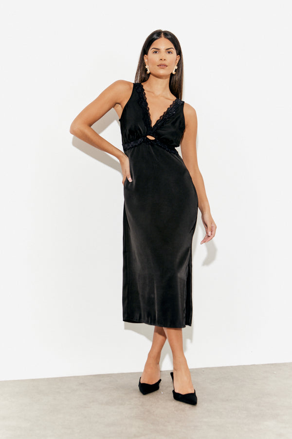 in the style In The Style Lace Trim Satin Midi Dress Black