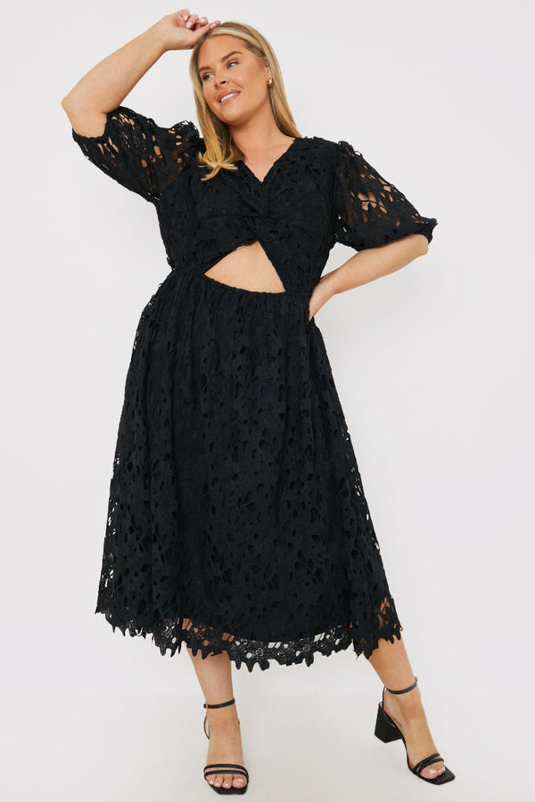 in the style In the Style Lace Twist Front Puff Sleeve Midi Dress Black