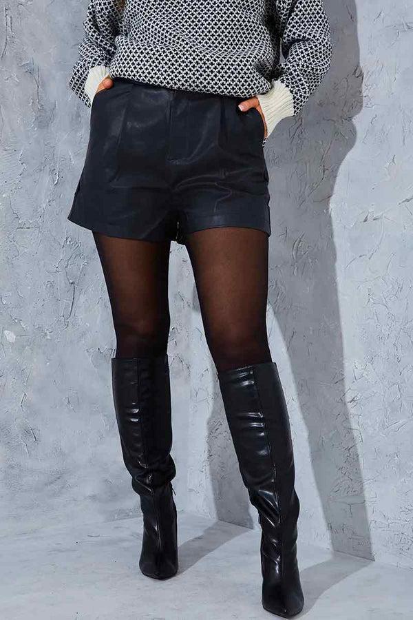 In The Style In The Style Leather Look High Waisted Boxy Shorts Black