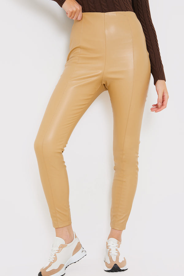 In The Style In The Style Leather Look Leggings With Elasticated Waist Sand