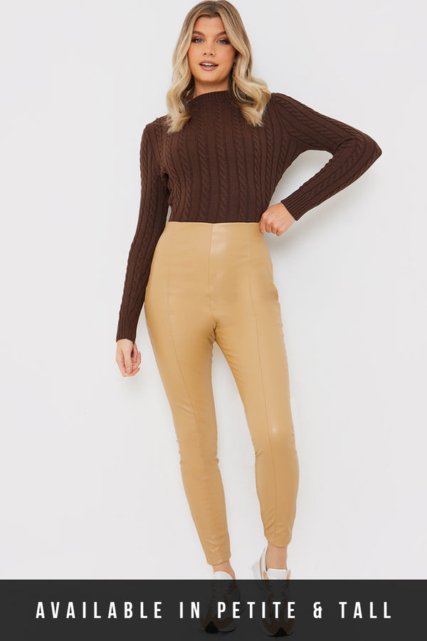 in the style In the Style Leather Look Leggings With Elasticated Waist Sand