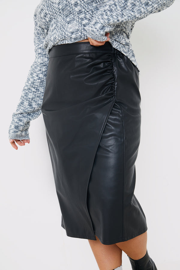 In The Style In The Style Leather Look Side Split Midi Skirt Black